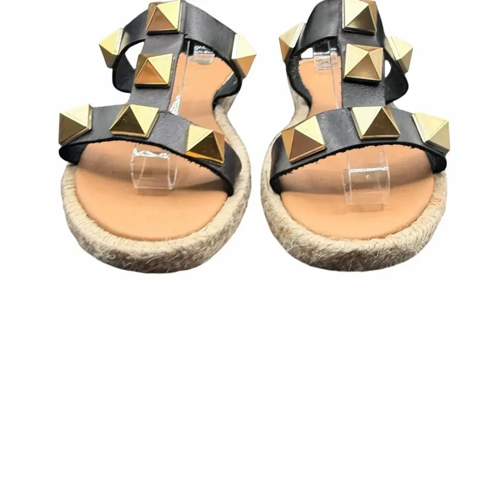 Maypol Studded Leather Espadrille Sandals Black Gold EU 38 US 7.5
